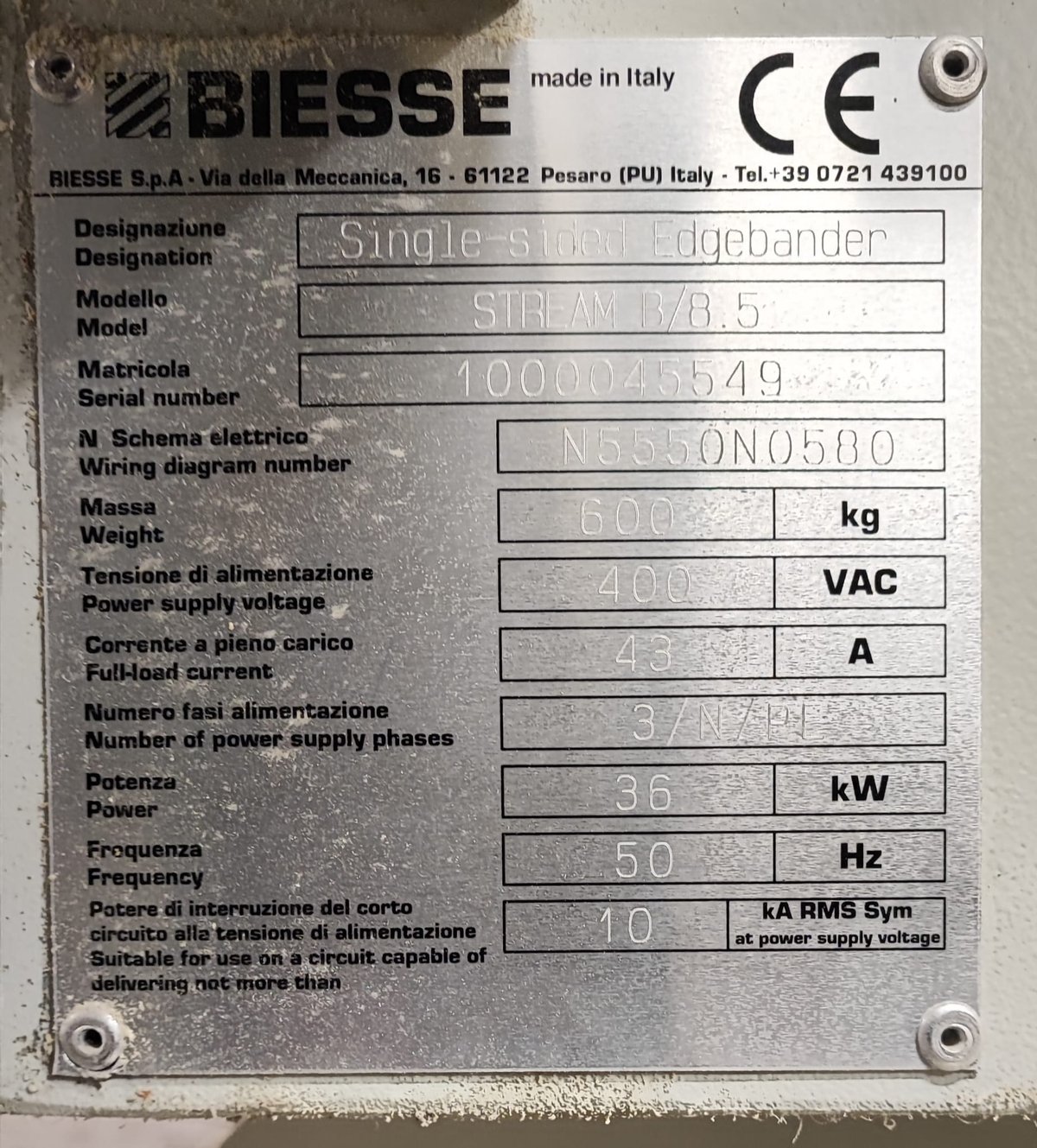 Biesse Stream B/8.5 listoituskone, Temal Oy konkurssipesä